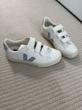 Veja White Leather Sneakers with Light Blue V Logo